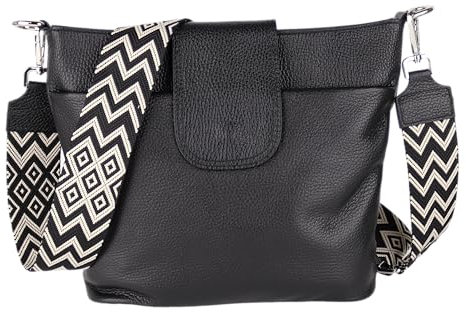 MIRROSI® Umhängetasche Damen, Echtleder, Made in Italy, BOHO Style30x24,50x9cm (BXHXT) viel Stauraum, Handtasche, Brusttasche, Crossbody Bag (1 Tasche & 2 Gurte) (Schwarz (BOHO))