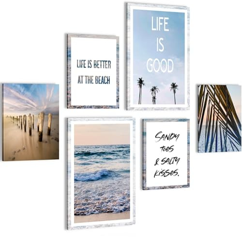 Novart Wandbilder Set Strand und Meer Blau - KEIN EXTRA RAHMEN BENÖTIGT - Modern Deko - Wohnzimmer Schlafzimmer N013867a