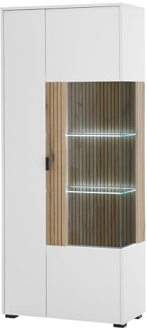 Lomadox Vitrinenschrank Vitrine Standvitrine Glasvitrine LED Beleuchtung Glasböden weiß matt Eiche Rillen 75x180x38 cm