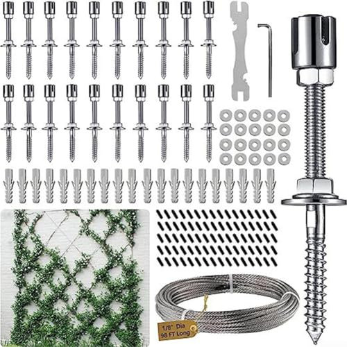 Emiif 20 Sets robustes Wanddraht-Rankgitter-Set mit 30 m x 0,3 cm Drahtseil, Draht-Rankgitter für Kletterpflanzen im Freien, T316 Edelstahl-Wandspalier-Set