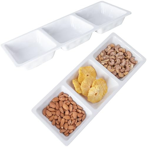 ZAROCRUS Divided Serving Tray, 14.75”x 6” Reusable 3-Section Party Platters, Condiment Serving Dishes for Entertaining, Ideal for Snacks, Appetizers, Fruit, Candy, Chip & Dip Set,White
