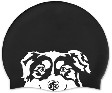 WIRESTER Adult Swim Cap, Durable Silicone Swimming Cap for Men Women, Waterproof Comfortable Swim Hat Bathing Cap for Short Medium Long Hairs - Black (Australian Shepherd Dog)