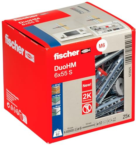 fischer Hohlraumdübel DuoHM 6 x 55 S TX, Plattendübel mit metrischer Panheadschraube und TX-Antrieb zum Befestigen von TV-Halterungen, Leuchten, Wandregalen, uvm. in Plattenbaustoffen, 25 Stück