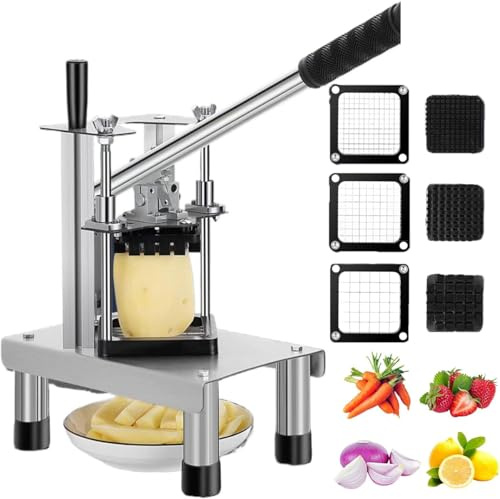 Homemade French Fry Cutter, Potato Chopper Machine with 3 Replacement Blades, Chip Cutting Machine for French Fries, Potato, Carrot, Cucumber, Vegetable, Restaurants and Home