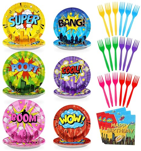 96Pcs Super Theme Hero Party Decorations Colorful Comic Hero Plates and Napkins Dessert Tableware Sets Super Theme Hero Birthday Decorations Favors for Kids Baby Shower Spider Party Supplies Serve 24