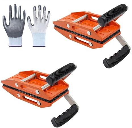 2PCS Double Handed Stone Carrying Clamps with Gloves, 0–50mm Panel Lifter Tool with Non-Slip Rubber Pads for Lifting Glass, Granite, Marble, Quartz, Ceramic, Metal Slabs – Easy & Safe Handling