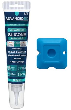 Silicone Sealant – Kitchen & Bathroom Silicone Sealant with Finishing Tool for a Smooth & Professional Finish | Waterproof & Anti-Mould Protection - 120g (WHITE, 120g)