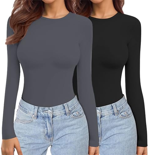 Ekouaer Damen 2 Pack Langarmshirt Thermo Tops XS-XXL | figurbetont, dehnbar, weicher Thermostoff mit Micro-Fleece, ausreichend lang zur Bauchabdeckung