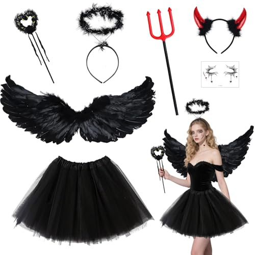 Disfraz Angel Nero, Alas de Angel Negro con Halo de ángel, Cuernos de Diablo, Tenedor y Falda de Tutú, Disfraz de Hada y de Diablo de Adultos para Halloween, Carnaval, Cosplay y Fiesta Disfraces