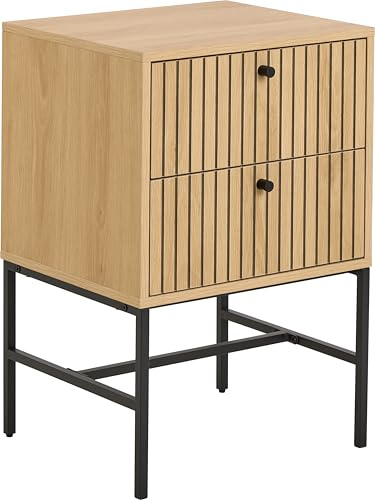 AC Design Furniture Ebbe rechteckig Nachttisch, Tischplatte, Korpus und 2 Schubladen Eiche rau Melamin, Gestell matt schwarz rau pulverbeschichtet Stahl mit lamellenfront, 45.6x40x70 cm
