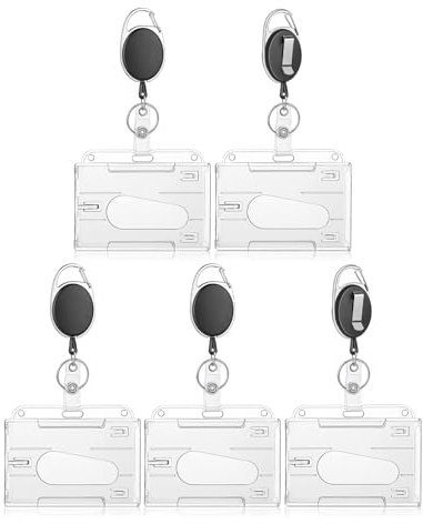 5 soportes para tarjetas de identificación con cordón retráctil, transparente para tarjetas de PC, con 2 compartimentos para tarjetas, funda transparente para identificación con clip