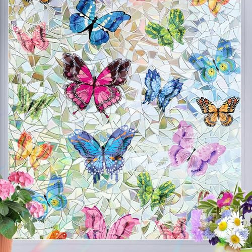 Rainbow Window Privacy Film, 3D Butterfly Design Blackout Cover, Stained Glass Window Film, for Window Tint Car Glass Doors & Bedrooms, 23.6x78.7