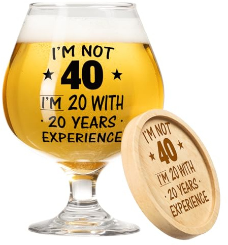 KAAYEE Funny 40th Birthday Gifts for Men, 510ml Beer Glass with Wooden Coaster Gift idea for 40 Year Old Man, Best 1986 Present for Dad Grandad Husband Friend