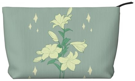 Trousse de maquillage en velours côtelé avec fermeture éclair pour voyage, camping et utilisation quotidienne Motif lys blancs