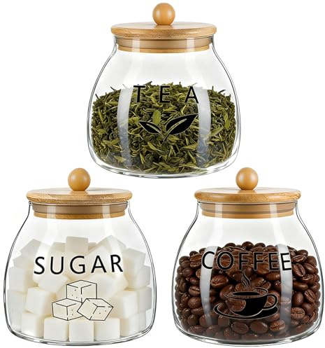 CTDMJ Tea Coffee and Sugar Canisters Set - Set of 3 650ml Airtight Glass Jars with Bamboo Lids, Tea Coffee Sugar Canisters Decorative Storage Tins for Home Kitchen