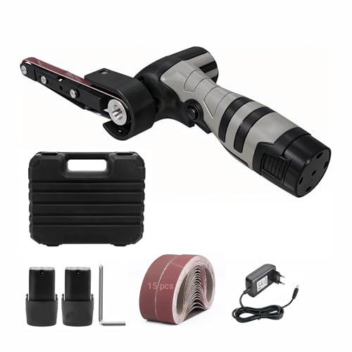Lijadora de Banda Inalámbrica con 2 Baterías de 1500 mAh y Cargador, Mini Lijadora de Banda 6500 RPM para Madera, Metal y Plástico, Ajustable de 360°, con 15 Bandas de Lijado (Grano 80-1000)