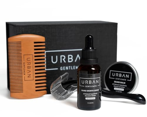 Urban Gentleman Beard Grooming Kit for Men – Beard Balm, Wooden Comb, Beard Growth Serum & Derma Roller – Complete Beard Care & Styling Set