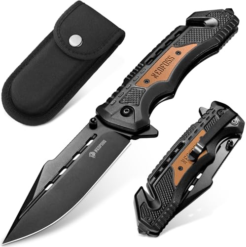 NedFoss DA76 Rettungsmesser, 10cm Klappmesser, Taschenmesser mit Liner Lock | Einhandmesser mit Gurtschneider & Glasbrecher für Auto, Outdoor-Notfallmesser mit Gürtelclip,Survival Messer mit Kugellager