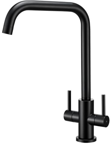 Peppermint Matt Black Kitchen Tap Dual Lever 360° Swivel L-Shaped Spout | Anti-rust 304 Stainless Steel, Monobloc Modern Square Kitchen Sink Mixer Taps 1 Hole Under Cabinets, Easy DIY Install