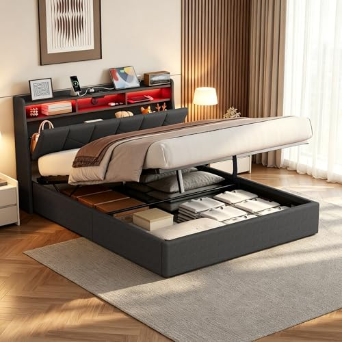 Mydtt Letto Matrimoniale 140x200 con Contenitore, Letto imbottito LED Testiera con porte USB, TypeC e Presina, Struttura Letto con Rete a Doghe e Testiera con Contenitore, Senza Materasso, Lino Grigio