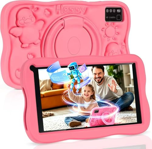Tablet Bambini 7 Pollici con Controllo Parentale, Android 13 Tablette, 8 GB RAM 64GB ROM (256 GB Estensione),Software educativo preinstallato,Bluetooth, WiFi,Tablet per Bambini con Custodia(rosa)