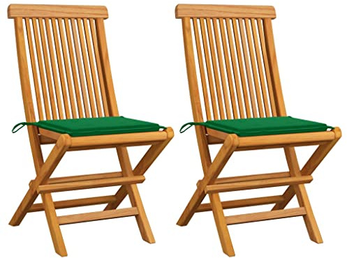 QJBSAVVA 2er Set Gartenstühle aus Massivholz Teak, Klappbare Balkonstühle mit Grünen Sitzkissen, Stabile Holzstühle für Terrasse und Außenbereich, 47 x 60 x 89 cm