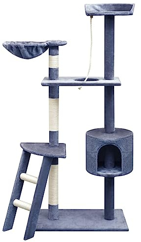 Ordellia Arbre à chat en sisal - 150 cm - Bleu foncé - Arbre à grimper avec grotte - Hamac - Plateforme et colonne à gratter - Pour chatons et chats - Tour de jeu d'intérieur en bois et peluche
