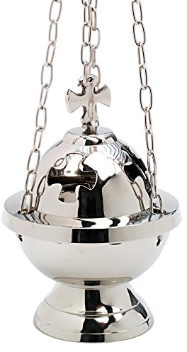 NKlaus Weihrauchfass aus Messing, vernickelt, mit Kreuz und Kette, 1 Stück | Höhe: 15cm; Durchmesser: 10cm; Gewicht: 0,9kg; Kettenlänge: 80cm