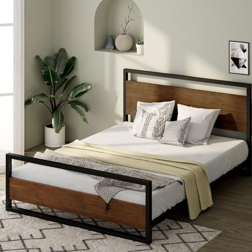 Zinus Suzanne Metal and Wood Bed Frame | Double 135x190 cm | 18 cm High | Low Profile | Headboard and Footboard | Wood Slat Support | Easy Assembly | Black