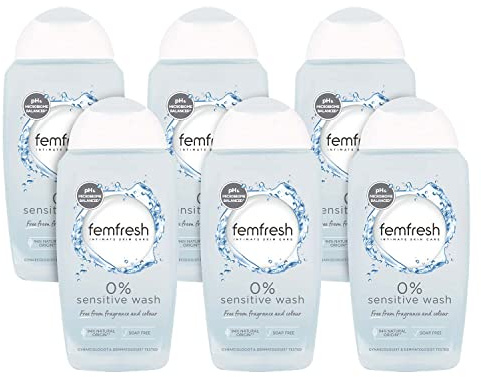 Femfresh 0% Sensitive Intimate Wash, Soap & Fragrance Free Wash, 6 x 250ml | Feminine Hygiene Shower & Bath Gel Cleanser, pH Balanced, Vegan Formula with Lotus Flower Extract