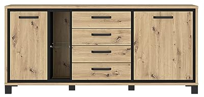 FORTE Trondheim Kommode mit 2 Türen und 4 Schubladen, Holzwerkstoff, Artisan Eiche kombiniert mit Schwarz Eiche,74,7 x 81,3 x 177,4 cm