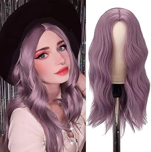 FESHFEN Lange Lockige Lila Perücke, 55 cm Mittelscheitel Frauen Perücken Natürlich synthetische Perücken Damen Locken Wavy Wig Party für Party Täglich