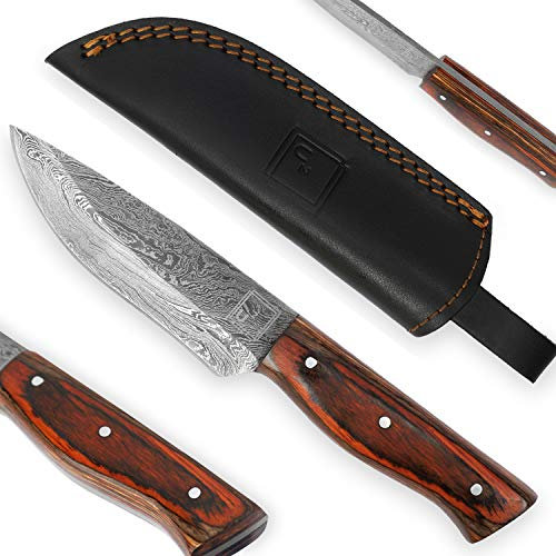 USQUARE UE-016, 20,32 cm Couteau de Chasse en Acier Damas avec étui, Couteau à Lame Fixe, Couteau de bushcraft, Manche en Bois de Pakka, Pleine Soie, développé pour la Chasse et Le Camping