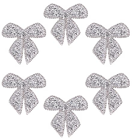 JKJF Toppe con nodo a fiocco con strass per applicazioni e decorazioni per indumenti per jeans, giacche, borse zaini cappelli scarpe, vestiti, decorazioni, artigianato, fai da te 6 pezzi 6 cm argento