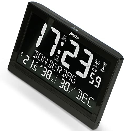 Alecto Grande Horloge Murale Numérique avec Thermomètre et Hygromètre - AK-70 Réveil Radio - Horloge Radio avec Affichage de la Température - Noir