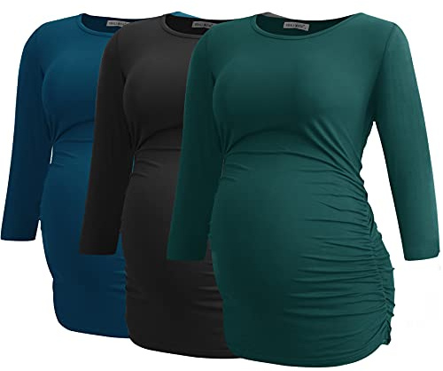 Smallshow Haut de Maternité pour Femmes Lot de 3 Vêtements de Grossesse à Manches froncées 3/4,Black-Deep Green-Teal,XL