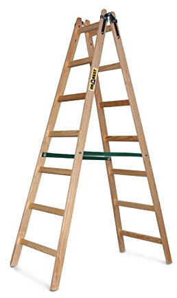 DRABEST - Holzleiter - für Malerarbeiten - 2X 7 Sprossen - m lang - bis 150 kg - Arbeitshöhe 2,11m 3,6 m - Klappbar - Tritt-, Bock-, Stehleiter - Beidseitig Begehbar, Imprägniert - mit Eimerhaken