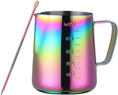 BISDARUN Milk Jugs 550ml Milk Frothing Pitchers for Cappuccino Latte Coffee Espresso Barista Making, Stainless Steel Milk Frothing Jug with Decorating Art Pen, Rainbow
