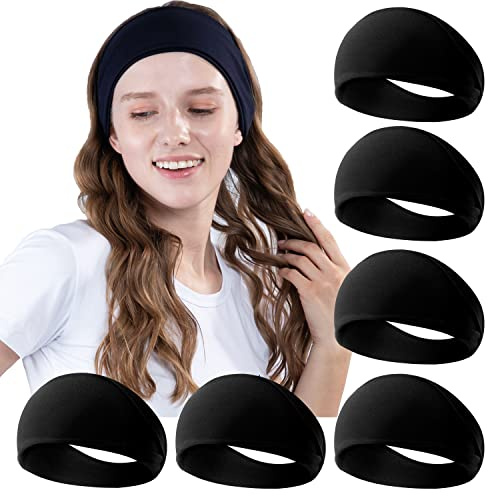RITOPER Black Workout Yoga Headbands for Women,6 Pack Wide Elastic Thick Headbands for Running Athletic, Non Slip Stretchy Sweat Head Bands Hair Bands (Solid Headband)