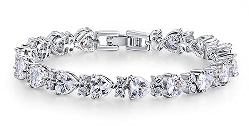 BCughia Armband Damen Zart, Armband Zirkonia Braut Silber Kupfer Weiß Herzschliff Herzform Weihnachten Schmuck Geschenk für Damen 17cmx17.3mm