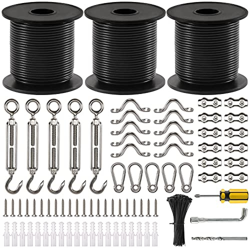 GUATTINE String Light Hanging Kit, 300 Ft Nylon Coated Stainless Steel Cable and Enough Accessories, Guide Wire for Outdoor String Lights, Patio Light, Camping Light