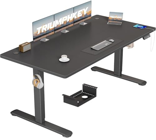TRIUMPHKEY Höhenverstellbarer Schreibtisch 160x80, 18mm Tischplatte & USB-A | Schreibtisch Höhenverstellbar mit 3 Memory-Steuerung,Sitz‑Erinnerung & Kabelmanagement, Computertisch,Standing Desk,Schwarz