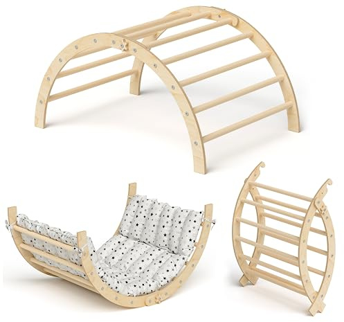 Bellabino Ruki 2in1 Kletterbogen & Wippe, Kissen Graue Sterne, bis 50 kg | Montessori Kletterspielzeug ab 3 Jahre, Buchenholz, Indoor Spielbogen, Kletterdreieck zusammenklappbar, Klettergerüst Kinder