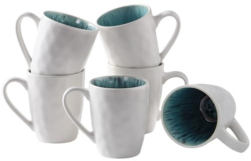 DOWAN Polar Glacier Kaffeetassen Set - 6 x 470 ml Moderne Steingut Tasse - Kaffeetasse Groß - Mikrowellen- und spülmaschinenfest - Kaffeebecher Porzellan Mattweiß