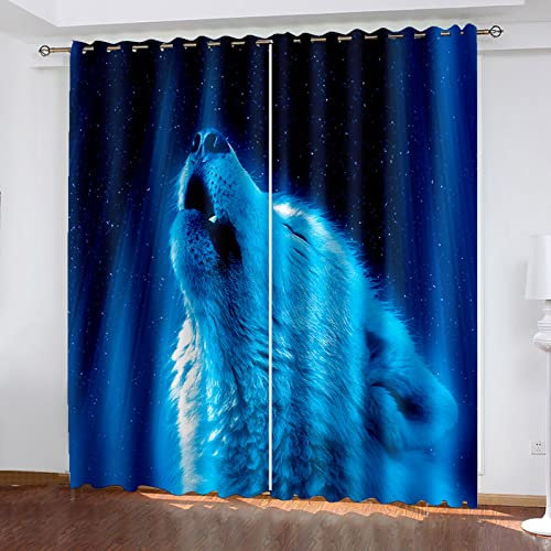 MAYNUO Blickdichte Vorhänge Mit Motiv 3D Blauer Stern Wolf Kinder Gardinen Blickdicht Ösen Gardine Thermo 264x214 cm Schlafzimmer Kinderzimmer Vorhänge Dekoratives Muster, Verdunklungsvorhänge