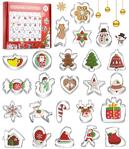 SOBEAU Cortador de Galletas Navidad 24 Piezas,Moldes Galletas Acero Inoxidable-Hombre de Jengibre, Árbol de Navidad, Guante, Reno, Cortadores de Galletas Navidad para Cookie,Fondant