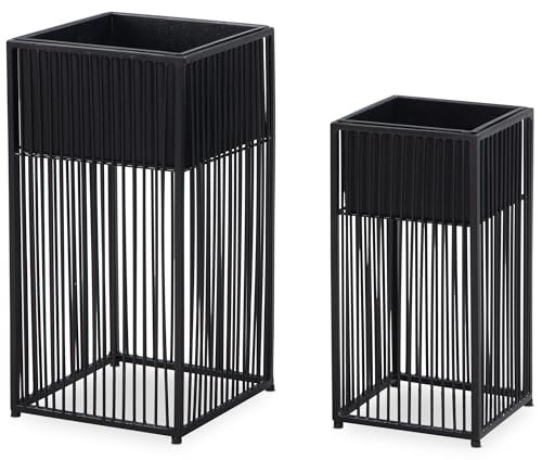 Wohnling Blumentopf 2er Set Metall Pflanzkübel Schwarz mit Gestell, Design Pflanzenkübel Quadratisch, Blumenkübel Pflanzgefäß Indoor