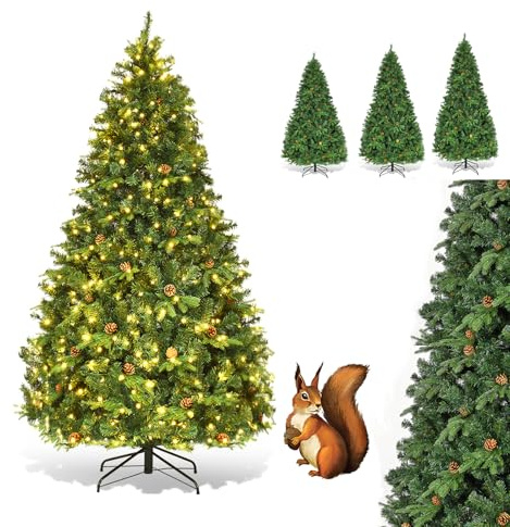 GOPLUS Sapin de Noel Artificiel 210 cm, Sapin de Noel Lumineux avec 460 LED Blanche Chaude, 61 Pommes de Pin, Branches Touffues, Décoration Noël pour Maison Entreprise Magasin