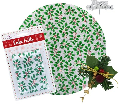 Culpitt Kit de gâteau de Noël en forme de houx, planche à gâteau festive, volants argentés et décorations de gâteaux avec décoration de houx et baies rouges et plaque Merry Christmas – 4 pièces