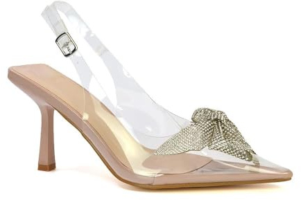 Womens Clear Slingback Heels Ladies Pointed Toe Perspex Jewel Bow Court Shoes Size 3-8